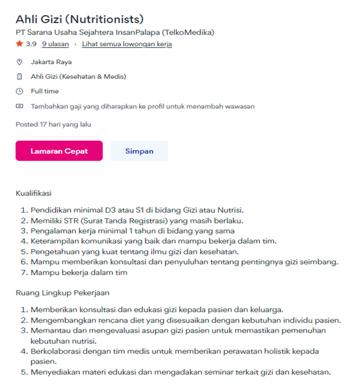 loker ahli gizi